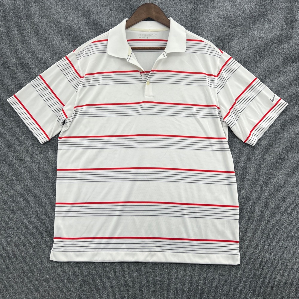 Nike Golf Polo Mens Large L White Striped Dri-Fit Short Sleeve Athletic Preppy